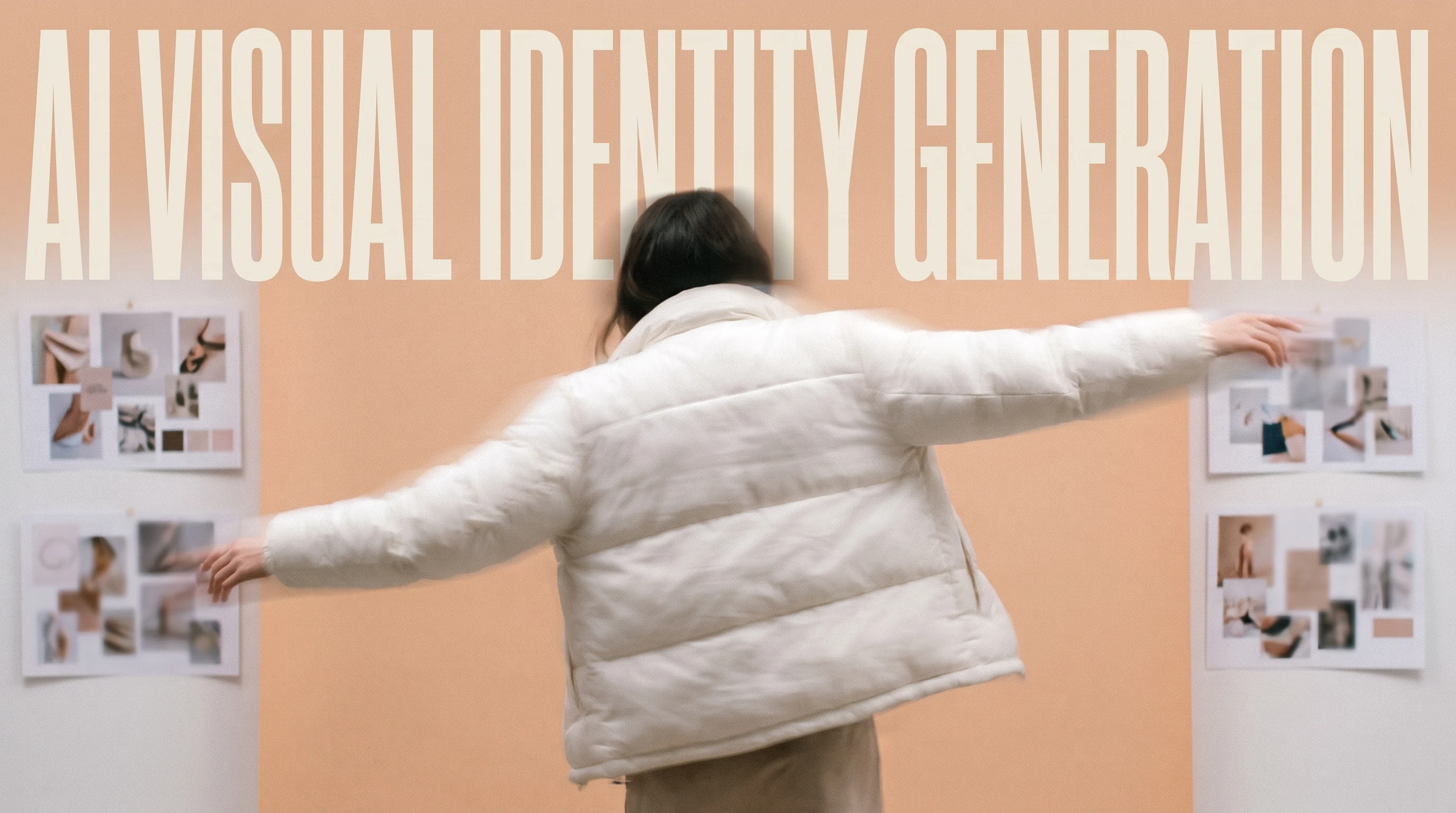A person mid-spin in a peach studio, arms outstretched, surrounded by pinned unbranded moodboard sheets on a white wall behind them