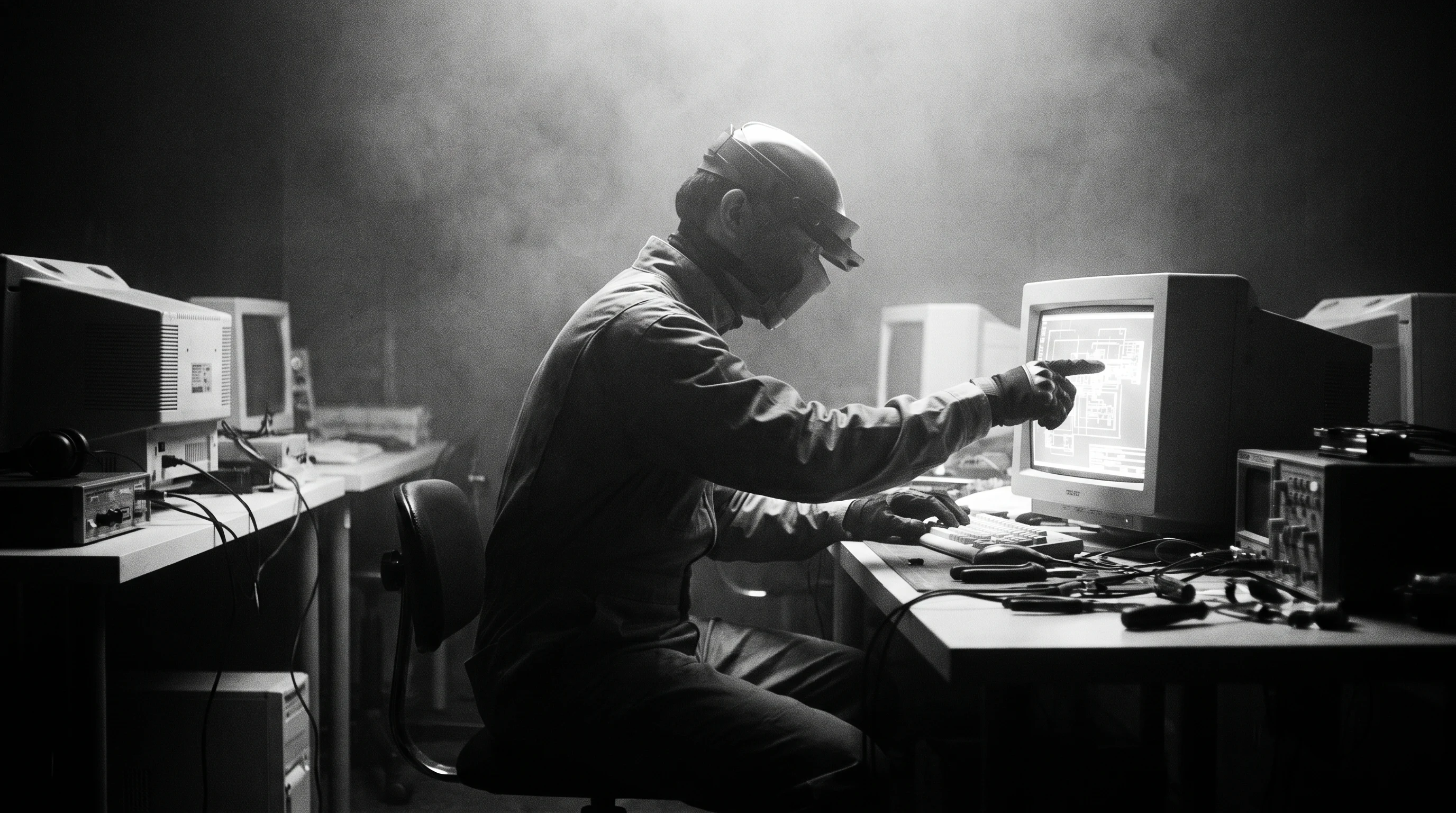 A creative professional mid-lean over a shared workstation, one hand raised pointing at a glowing monitor, seated in a row of workshop desks in a dim