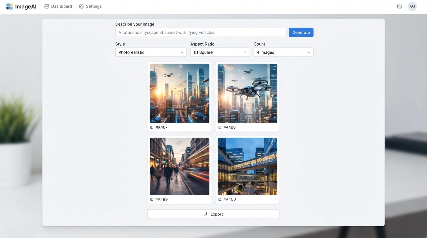 A simple AI image generation interface: a top prompt input field labelled 'Describe your image', a Style dropdown set to 'Photorealistic', four