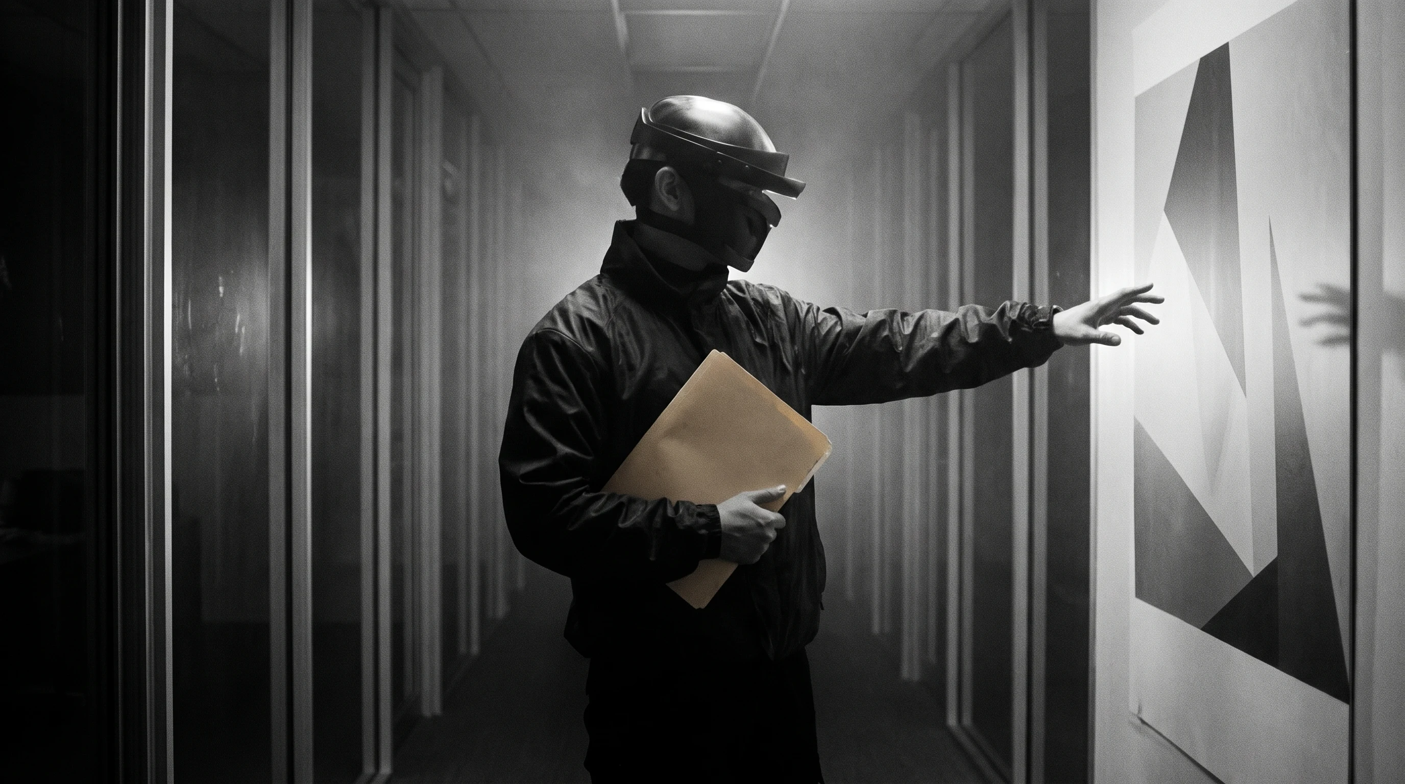 A person mid-pivot in a glass-walled corridor, pressing an unbranded folder firmly to their chest with one arm while the other hand gestures