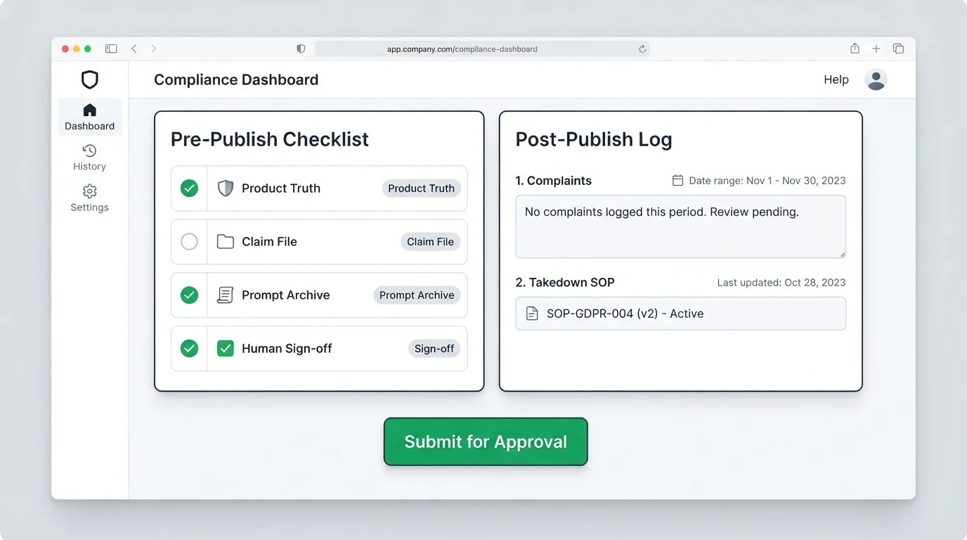 A two-panel compliance dashboard: left panel headed 'Pre-Publish Checklist' with four checkbox rows labelled 'Product Truth', 'Claim File', 'Prompt