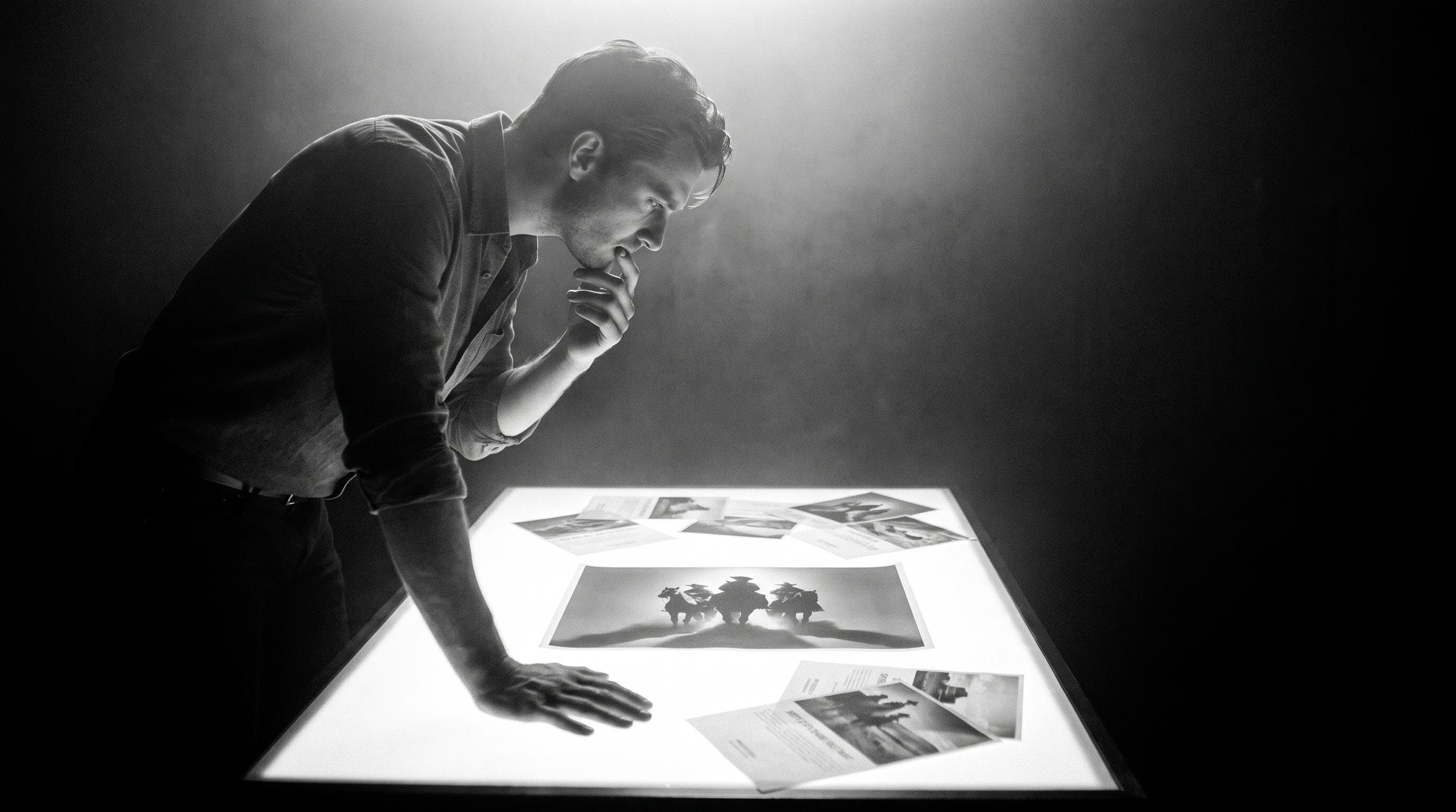 A person mid-lean over a wide lightbox table scattered with unbranded print ad mockups, one hand pressing flat on the surface and the other raised in