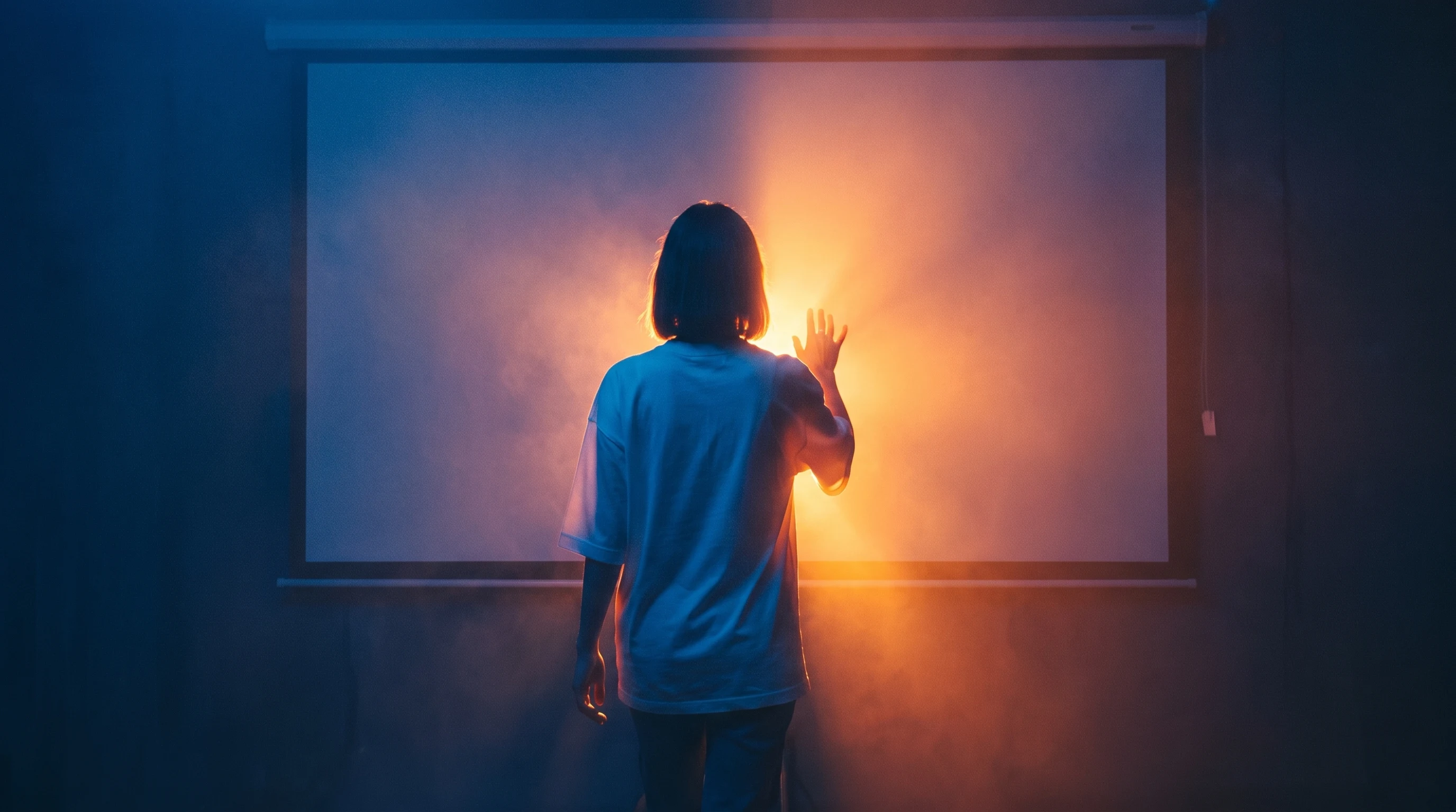 A person seen from behind, mid-step toward a large unbranded projection screen glowing in a dim room, one hand raised as if touching or framing the