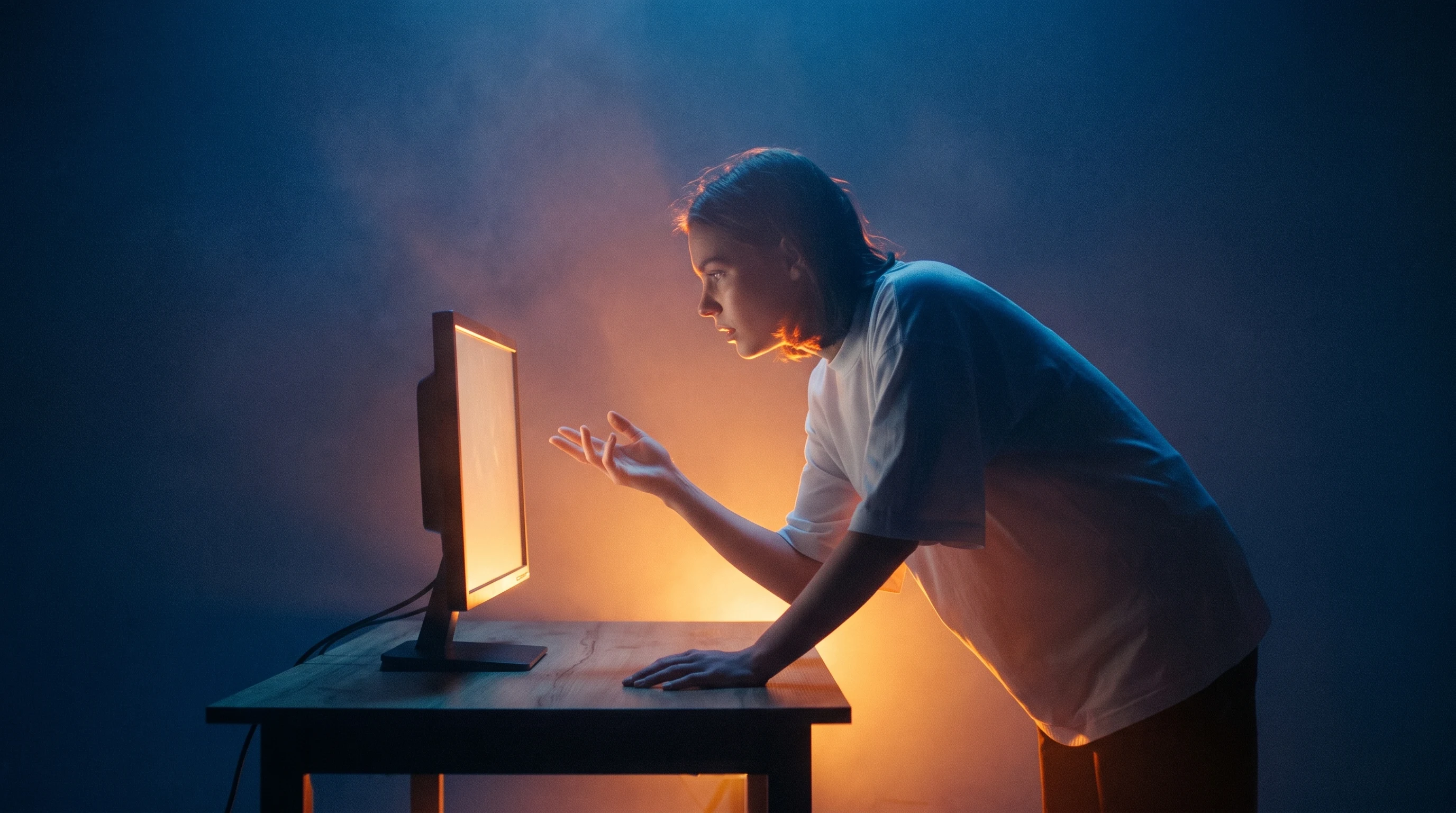 A person in profile mid-lean over an unbranded monitor on a sparse desk, warm rim light outlining their silhouette, hand gesturing expressively