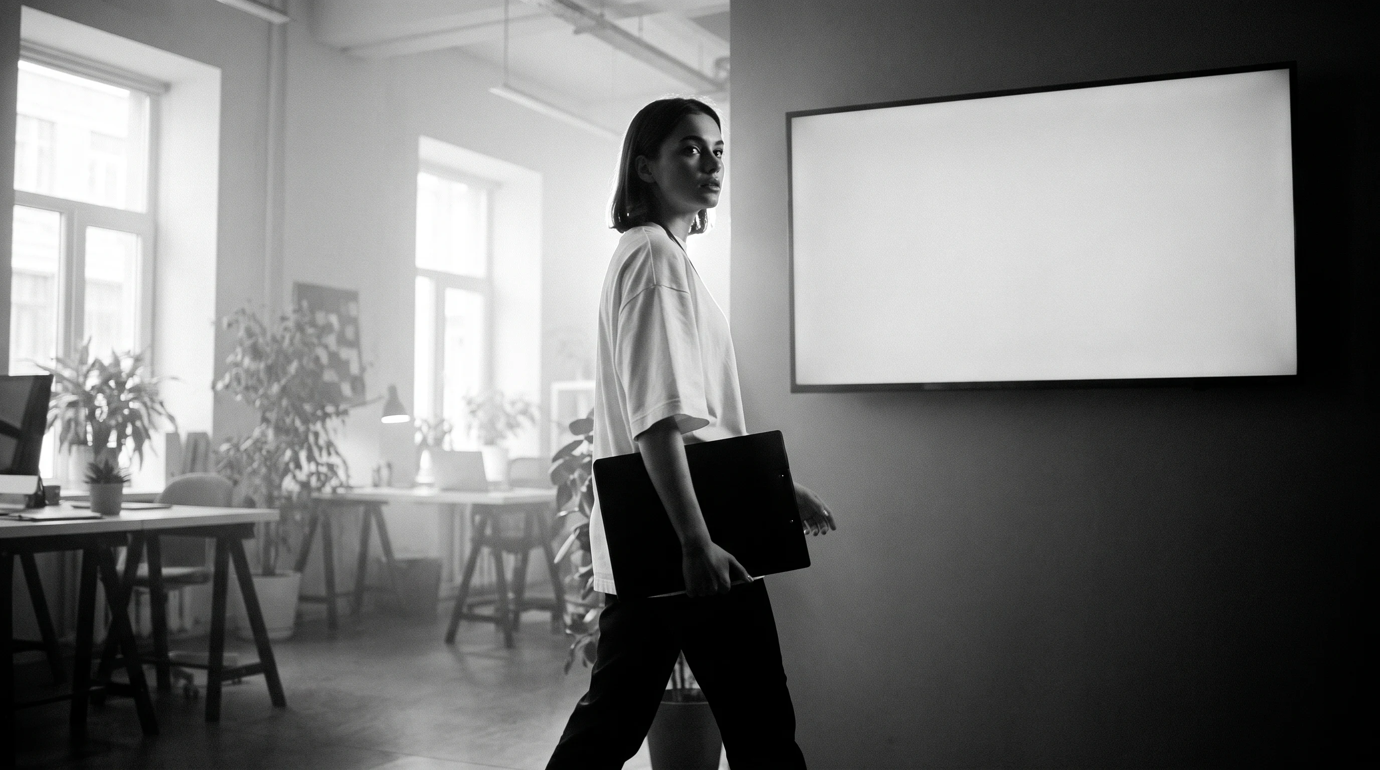 Person mid-stride through a bright open-plan creative workspace, slim portfolio tucked under one arm, glancing sideways over a shoulder toward a
