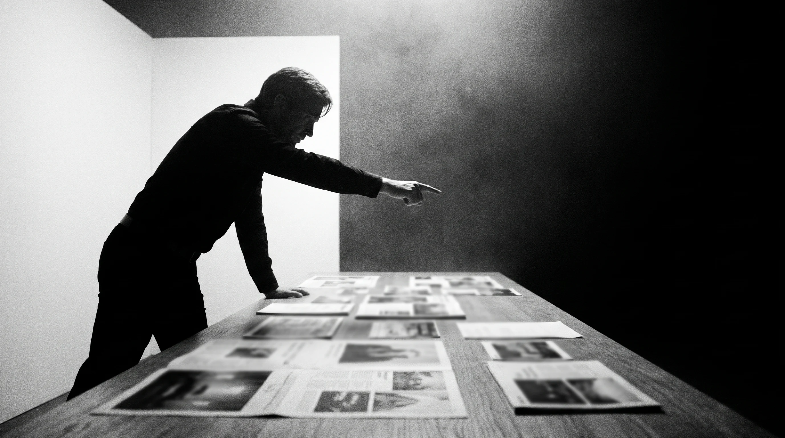 Person mid-gesture leaning forward across a long table spread with unbranded print layouts, index finger extended, profile framing in a minimal white