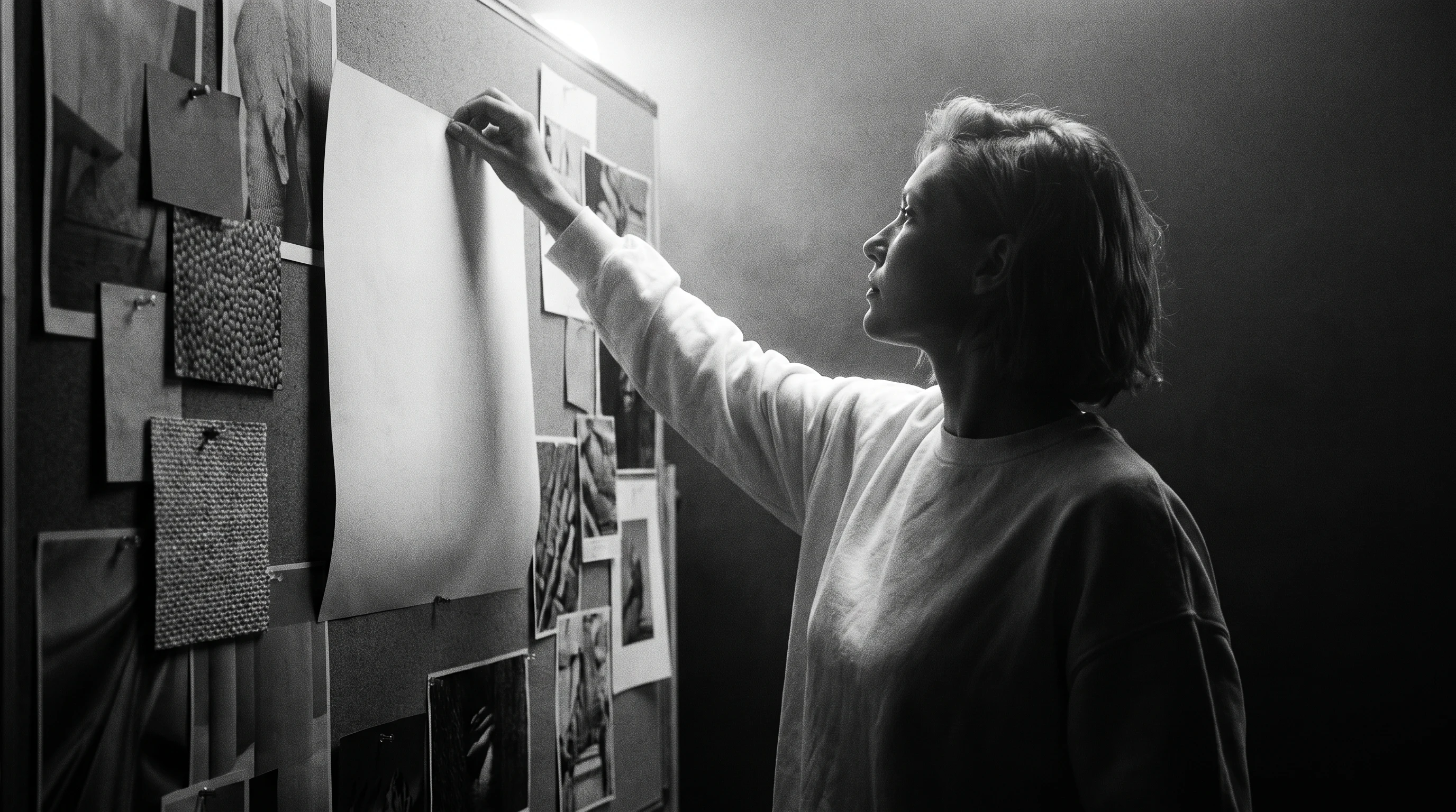 Creative director mid-turn pinning an unbranded concept print to a large mood-board wall, three-quarter framing, reaching up confidently in a clean