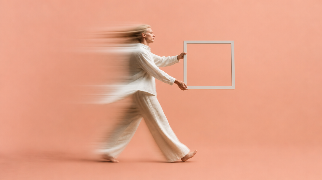 A person mid-step across a peach-backdrop studio space, holding a blank unbranded frame at arm's length, profile framing, outfit a loose linen shirt