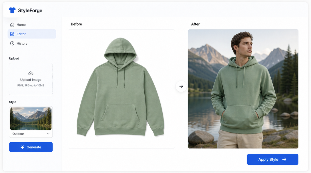 A split-panel image editor interface showing a Before panel (flat-lay apparel on white) and an After panel (same garment on a lifestyle model in a