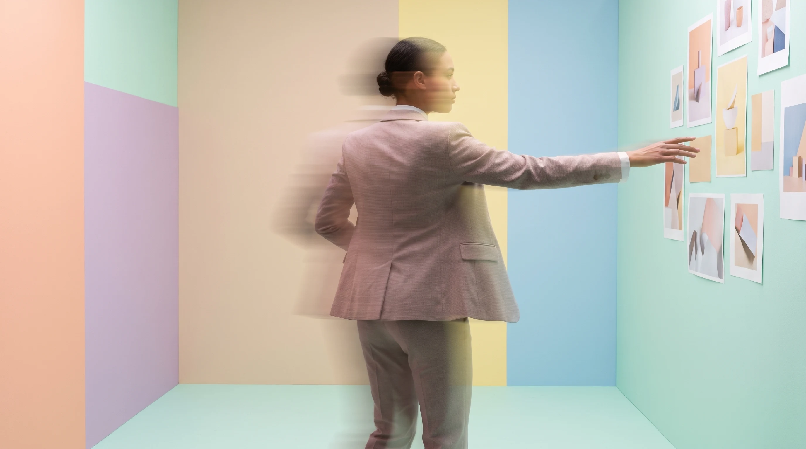 a person mid-turn in a pastel mint studio, one arm extended gesturing at an unseen wall of unbranded mood-board prints, three-quarter framing, sharp