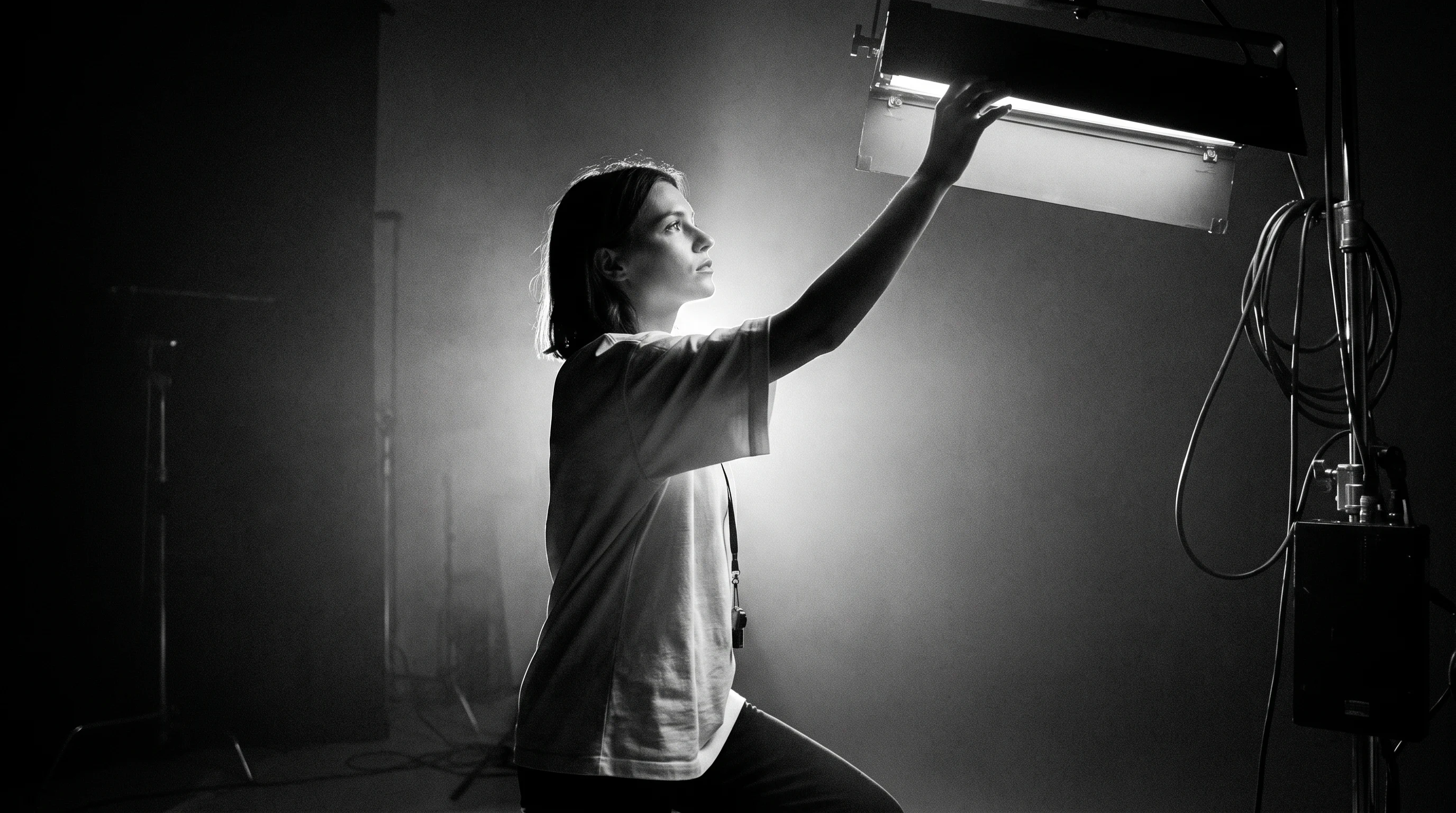 A film director mid-step across a sparse production set, profile framing, reaching up to adjust an unbranded overhead light rig