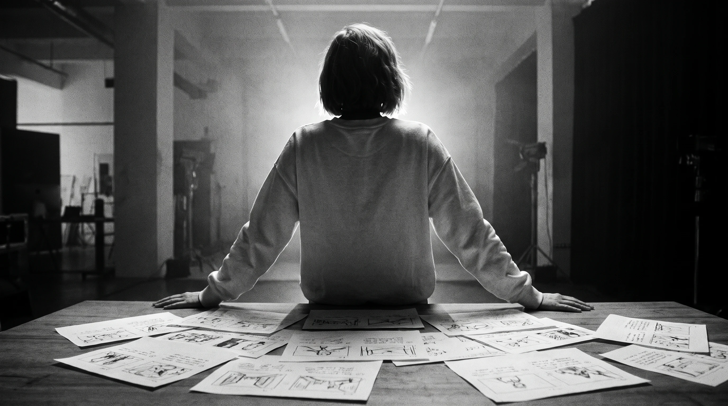 A producer mid-lean across a wide desk scattered with unbranded storyboard pages, viewed from behind in an open agency studio space