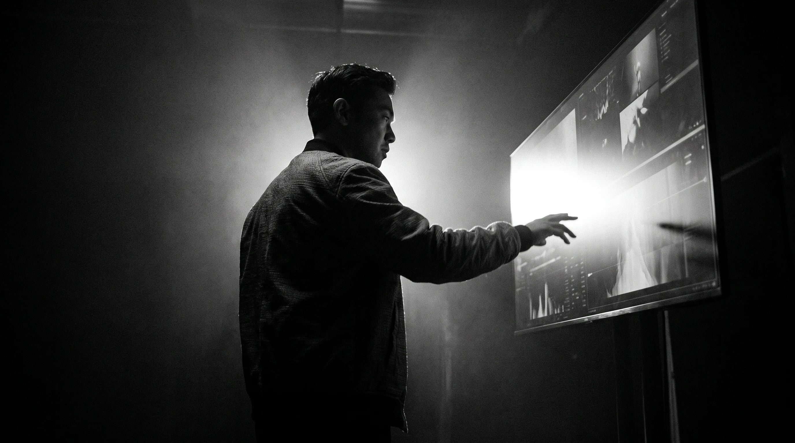 A creative director mid-turn gesturing at an unbranded monitor wall inside a campaign production studio, shot three-quarter from a low angle