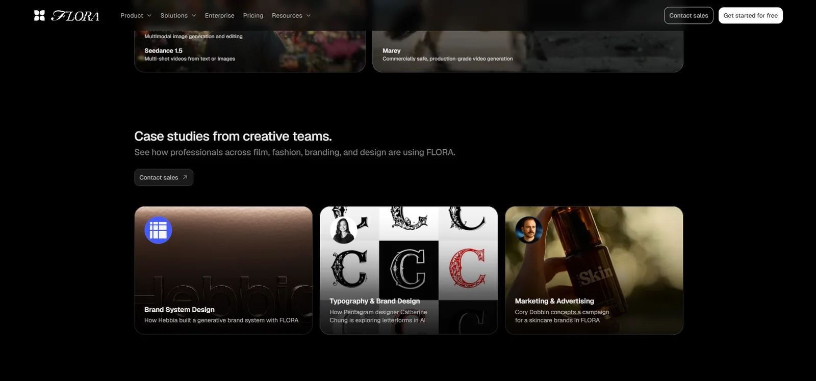 Flora's case studies section showing brand, typography and marketing projects from creative teams