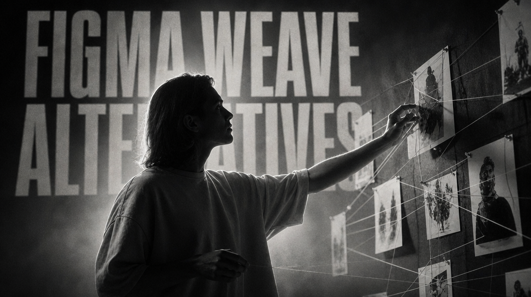 A creative director mid-gesture at a wall of storyboard prints connected by threads, evoking an AI workflow canvas