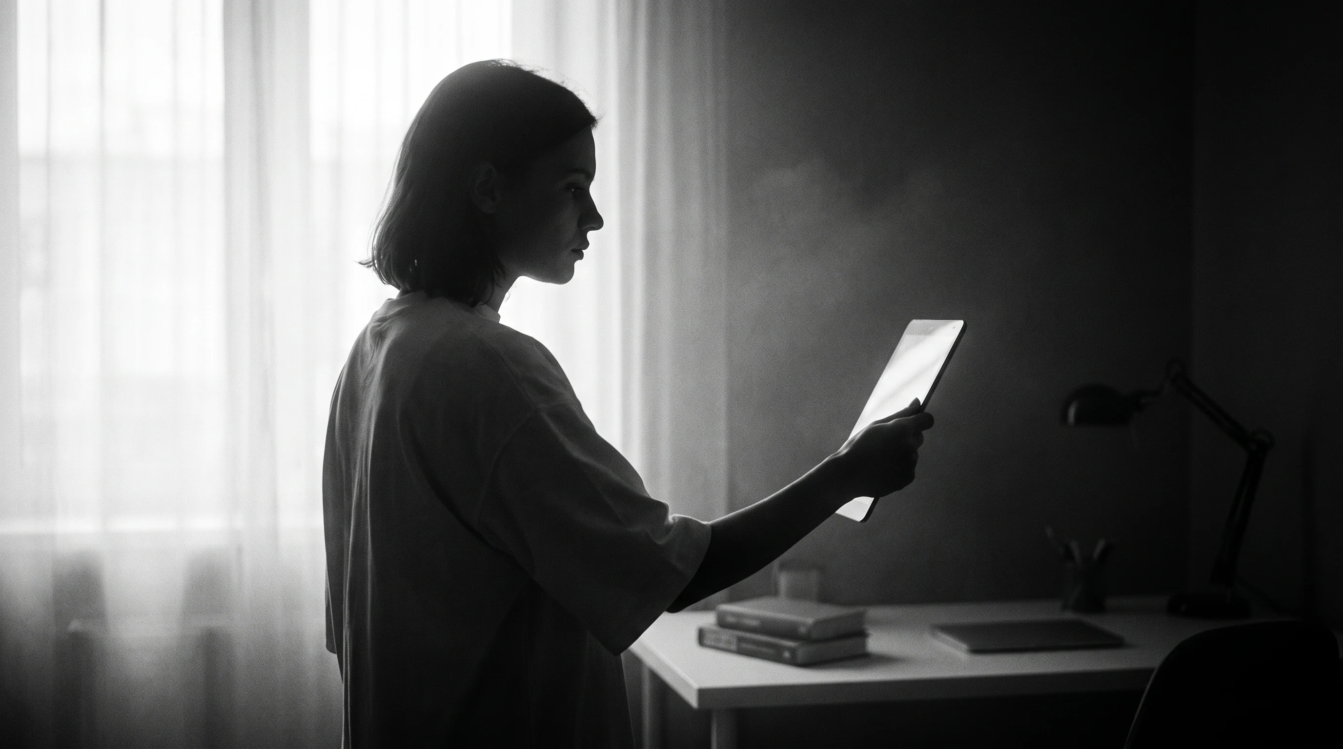 A person mid-turn in a minimal home-office corner, holding a generic tablet at arm's length, expression caught mid-decision, profile framing with