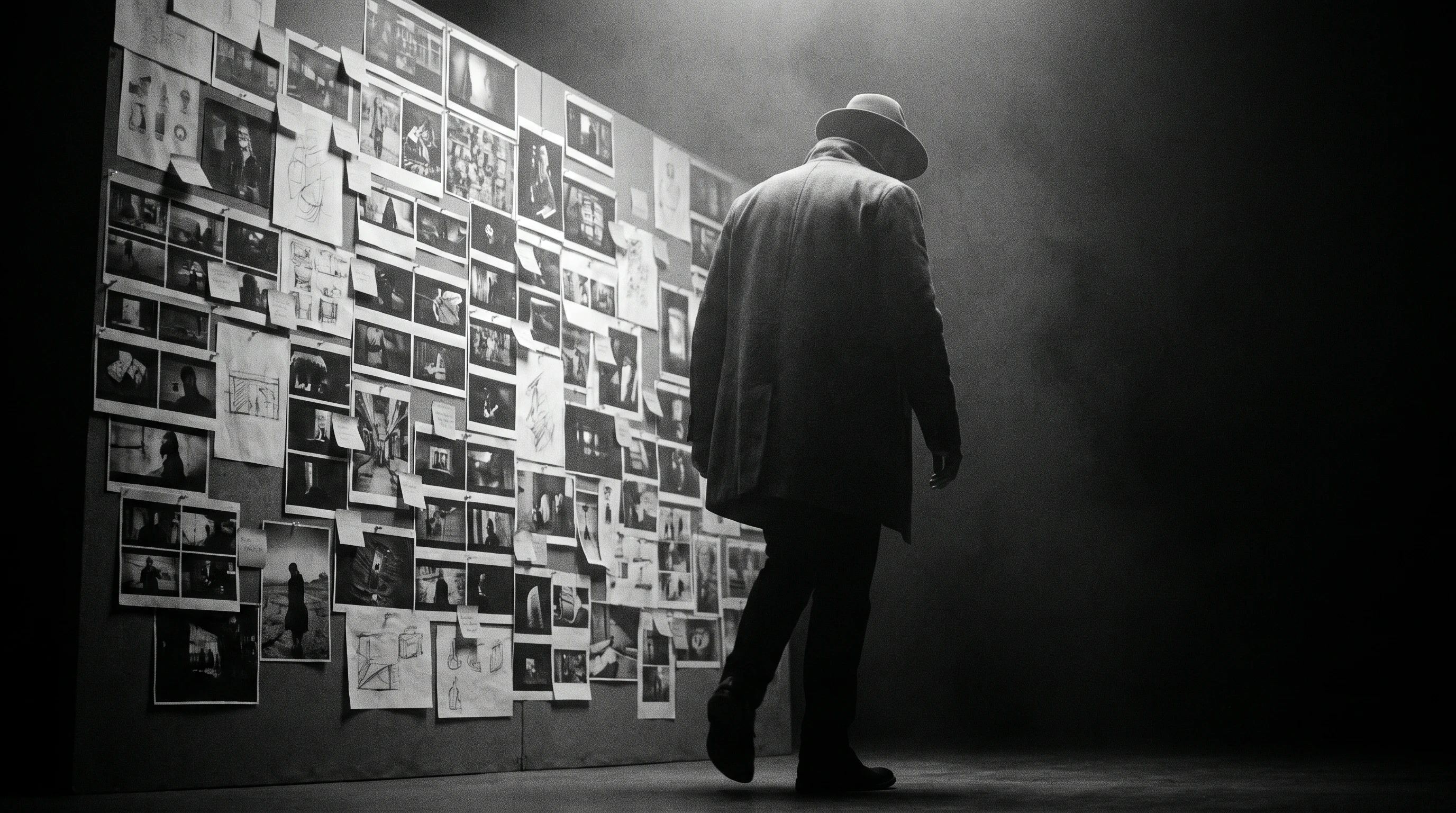 A person mid-step walking away from a large unbranded mood-board wall covered in printed frames and sticky notes, shot from behind at a low angle