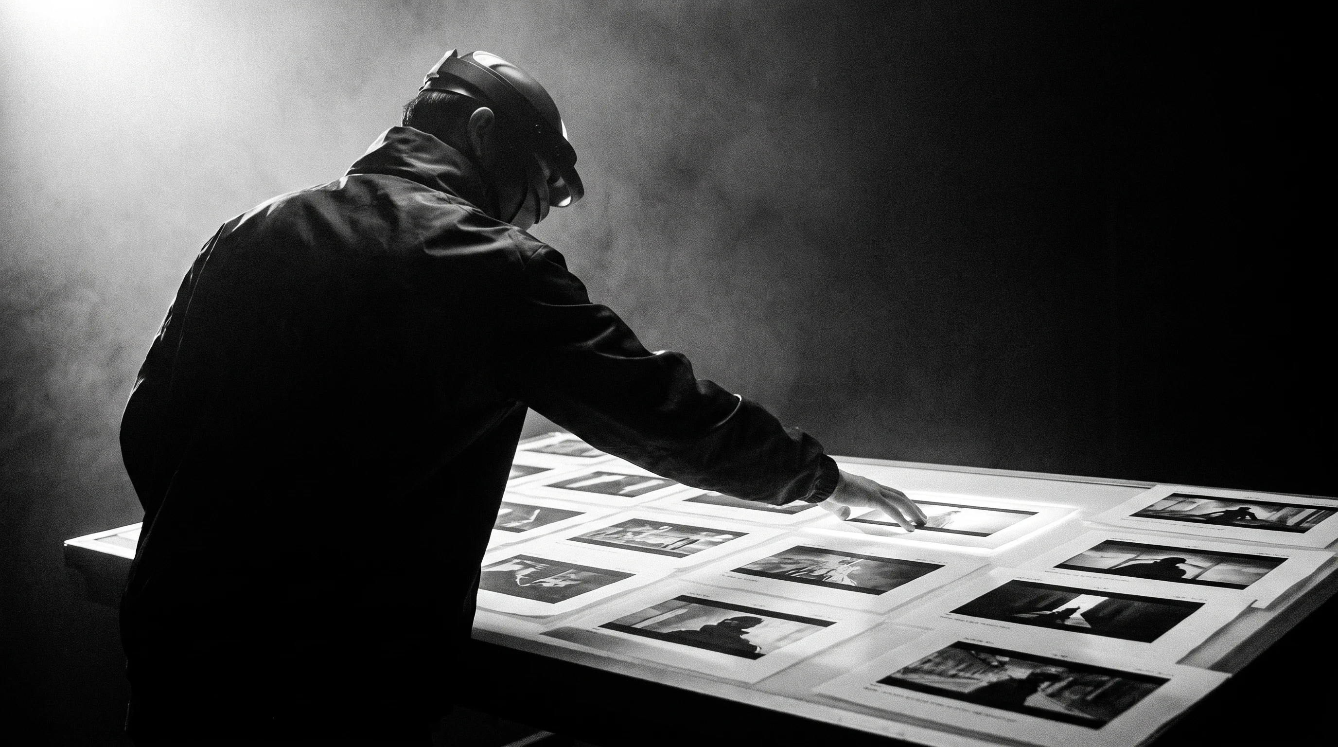 A person mid-lean over a production table covered in unbranded storyboard prints, arm outstretched toward a single frame, seen from behind