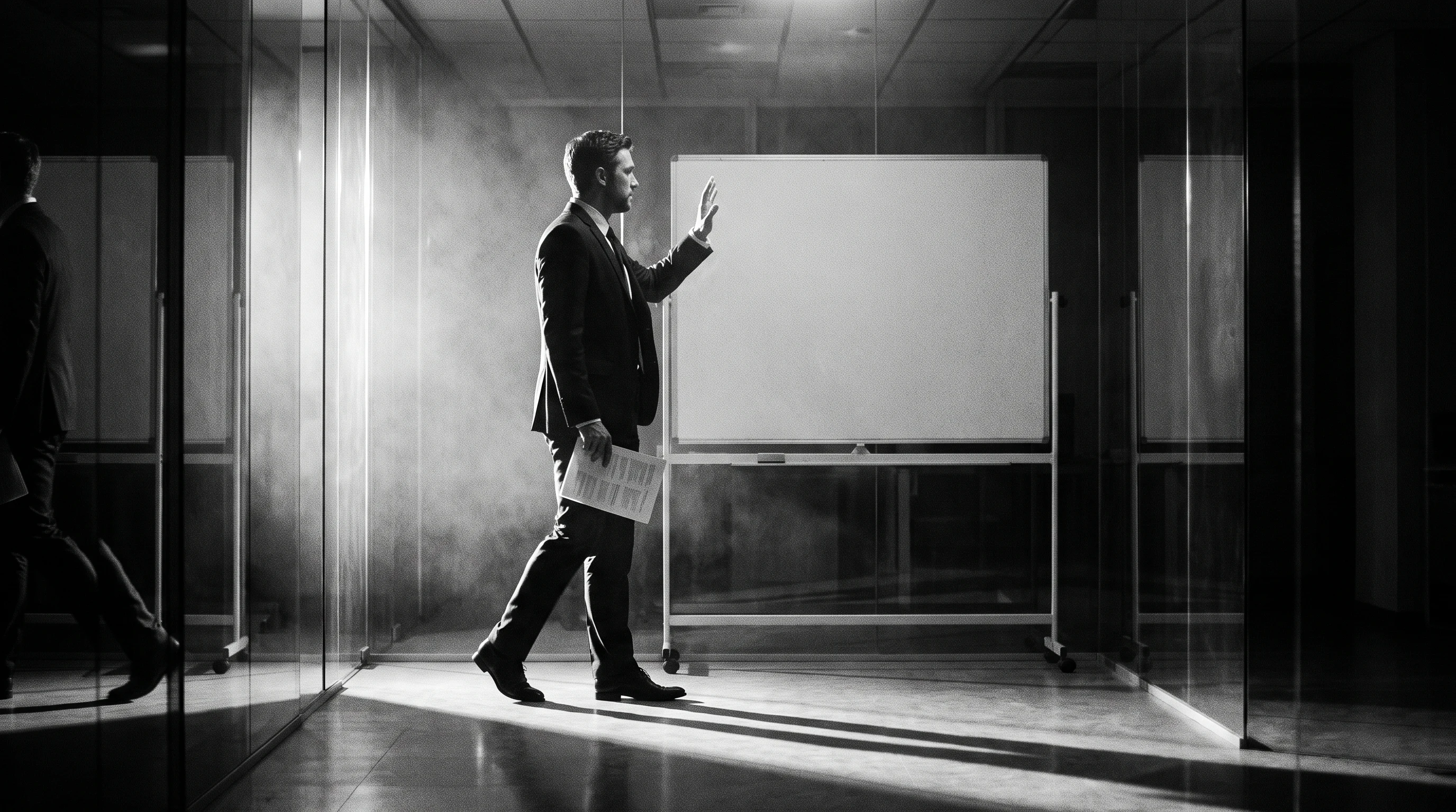 A brand strategist mid-step through a glass-walled boardroom, holding a printed brief, one hand raised toward an unbranded whiteboard