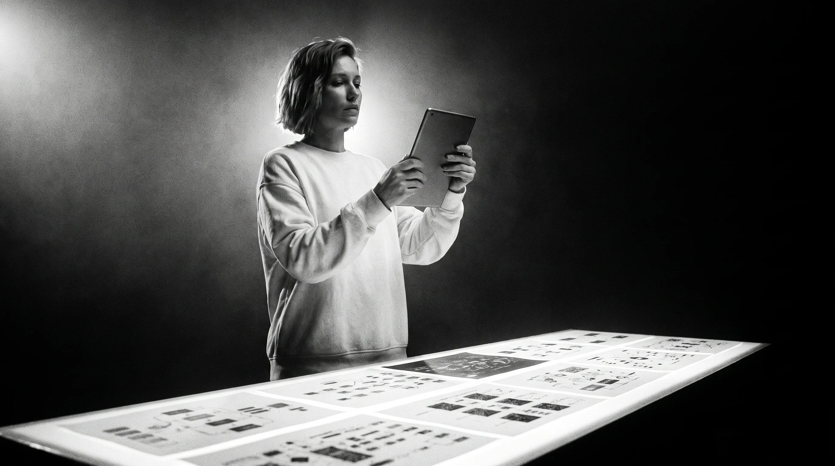 A creative professional mid-step in a studio, tablet raised, scanning grouped abstract workflow output cards spread across a wide lit table