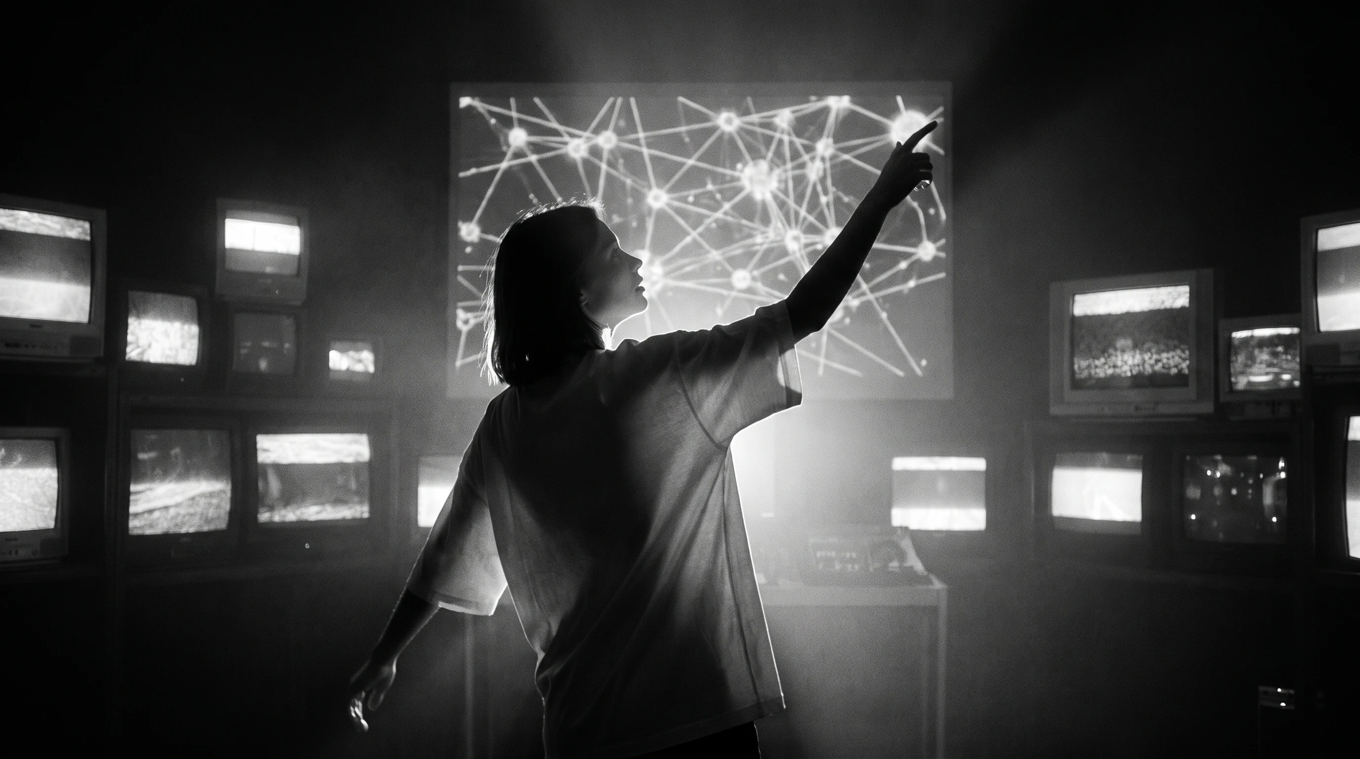 A person mid-turn in a dim room lined with monitor screens, arm raised mid-gesture pointing at a complex network of glowing node connections on a