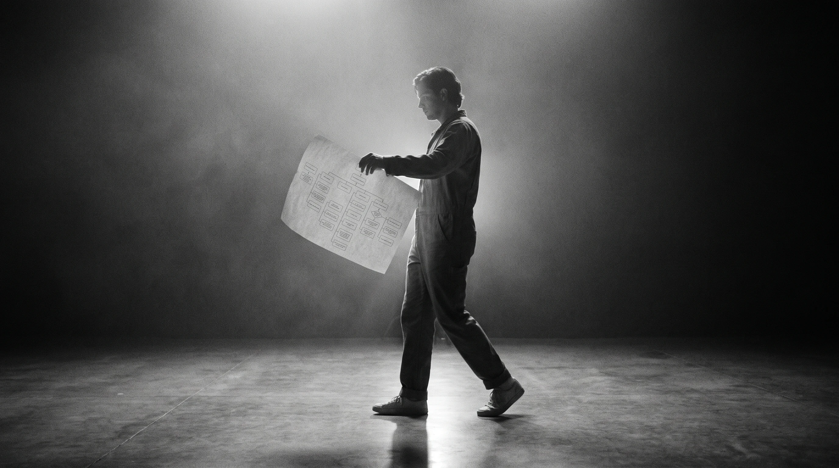 A person mid-step in a clean open-plan studio, profile view, holding a printed flowchart at arm's length as soft overhead light rakes across the page