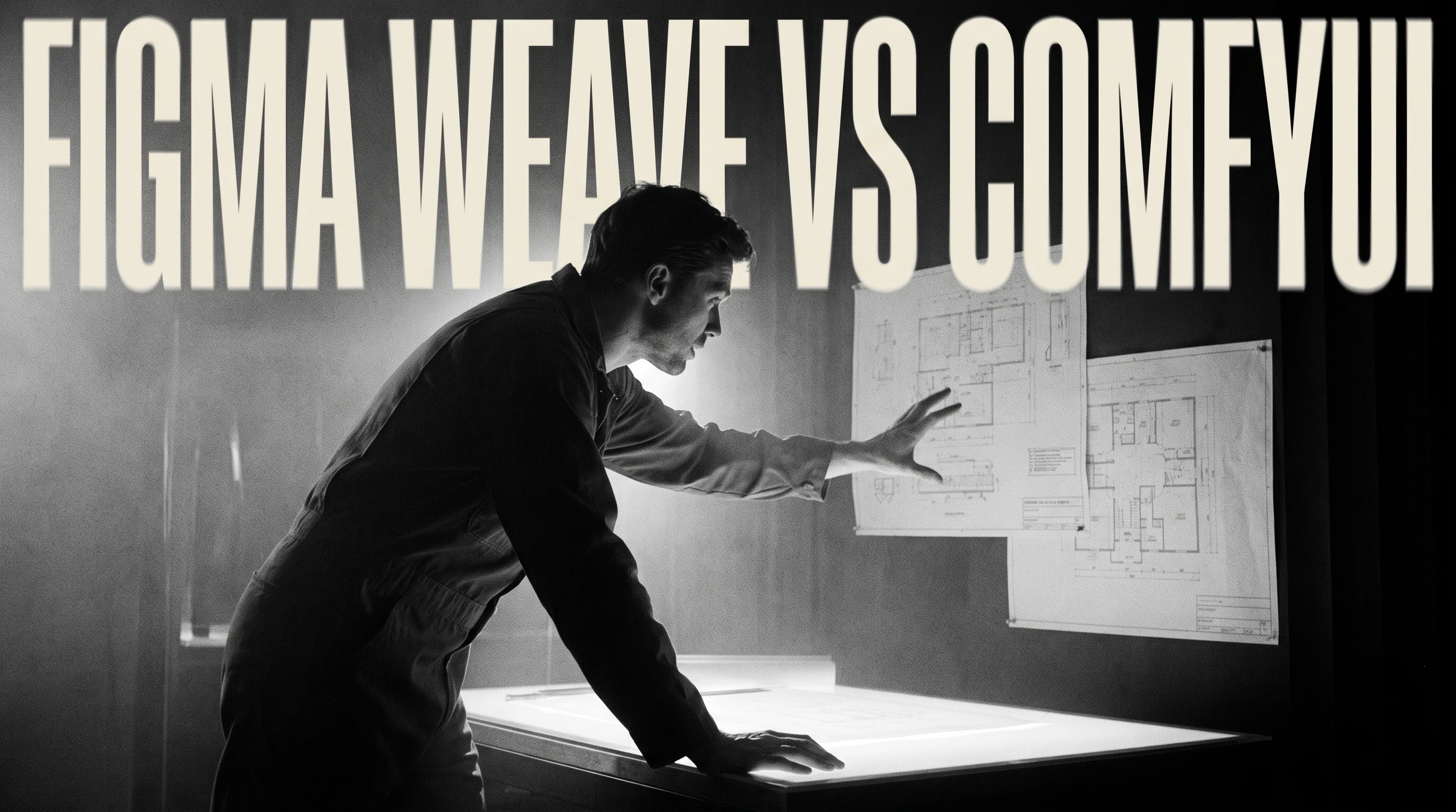 A person mid-lean over a large illuminated desk, one hand gesturing toward two overlapping diagrams pinned to a wall, three-quarter framing in a