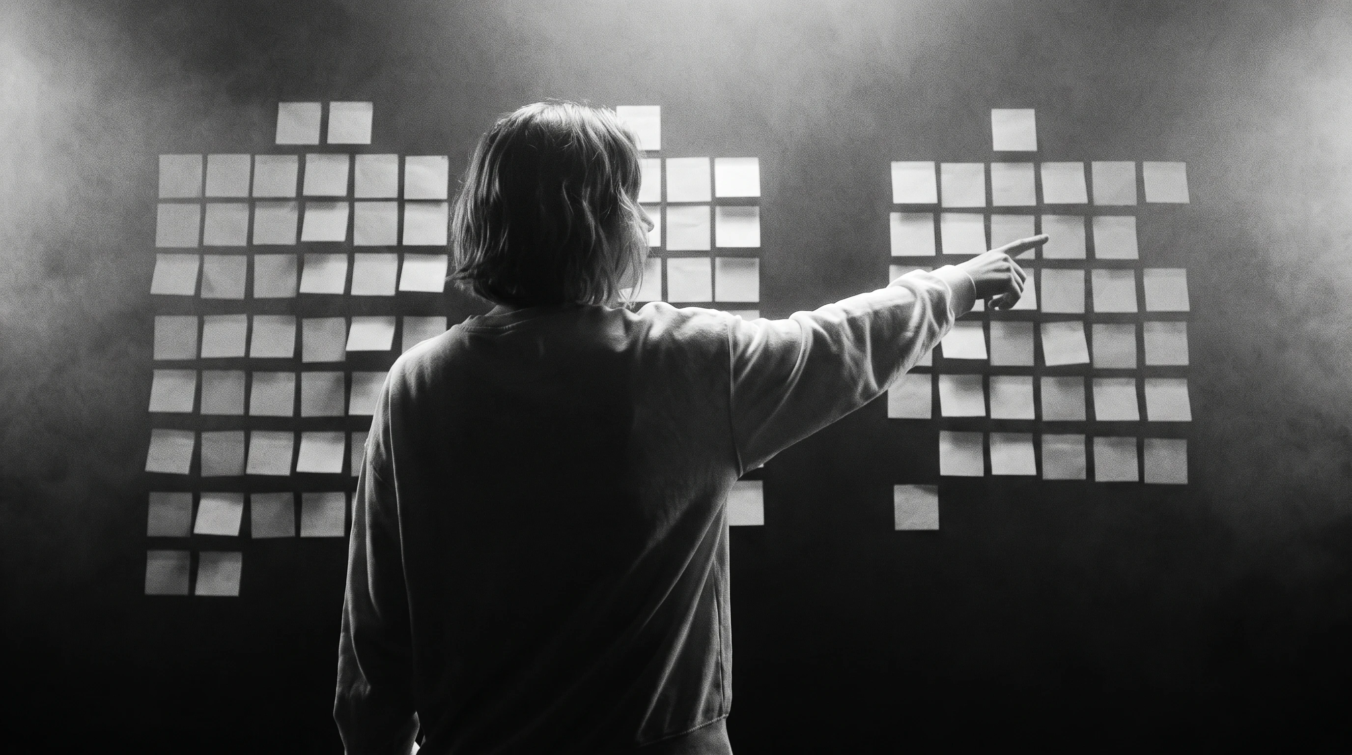 A person mid-turn away from a wall covered in unbranded flowchart sticky notes, arm outstretched pointing at two distinct clusters, shot from behind