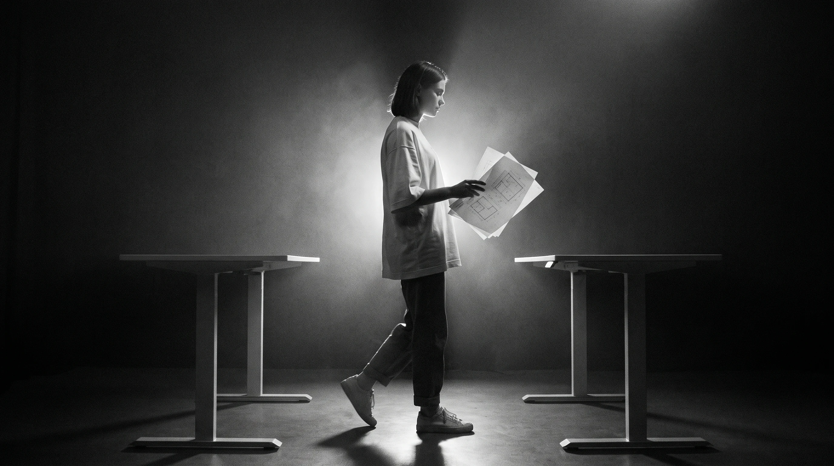 A person mid-step walking between two wide standing desks in a spare studio, holding a loose stack of unbranded wireframe sheets, framed in wide