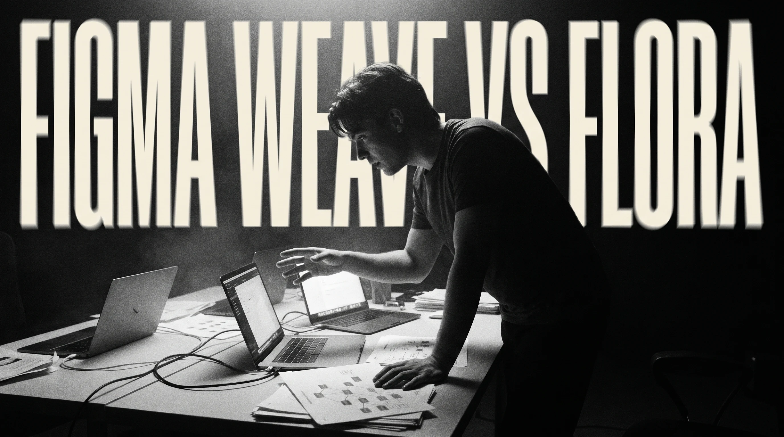 A person mid-lean over a large desk scattered with unbranded node-diagram printouts, one hand gesturing across two open laptops, shot in dramatic