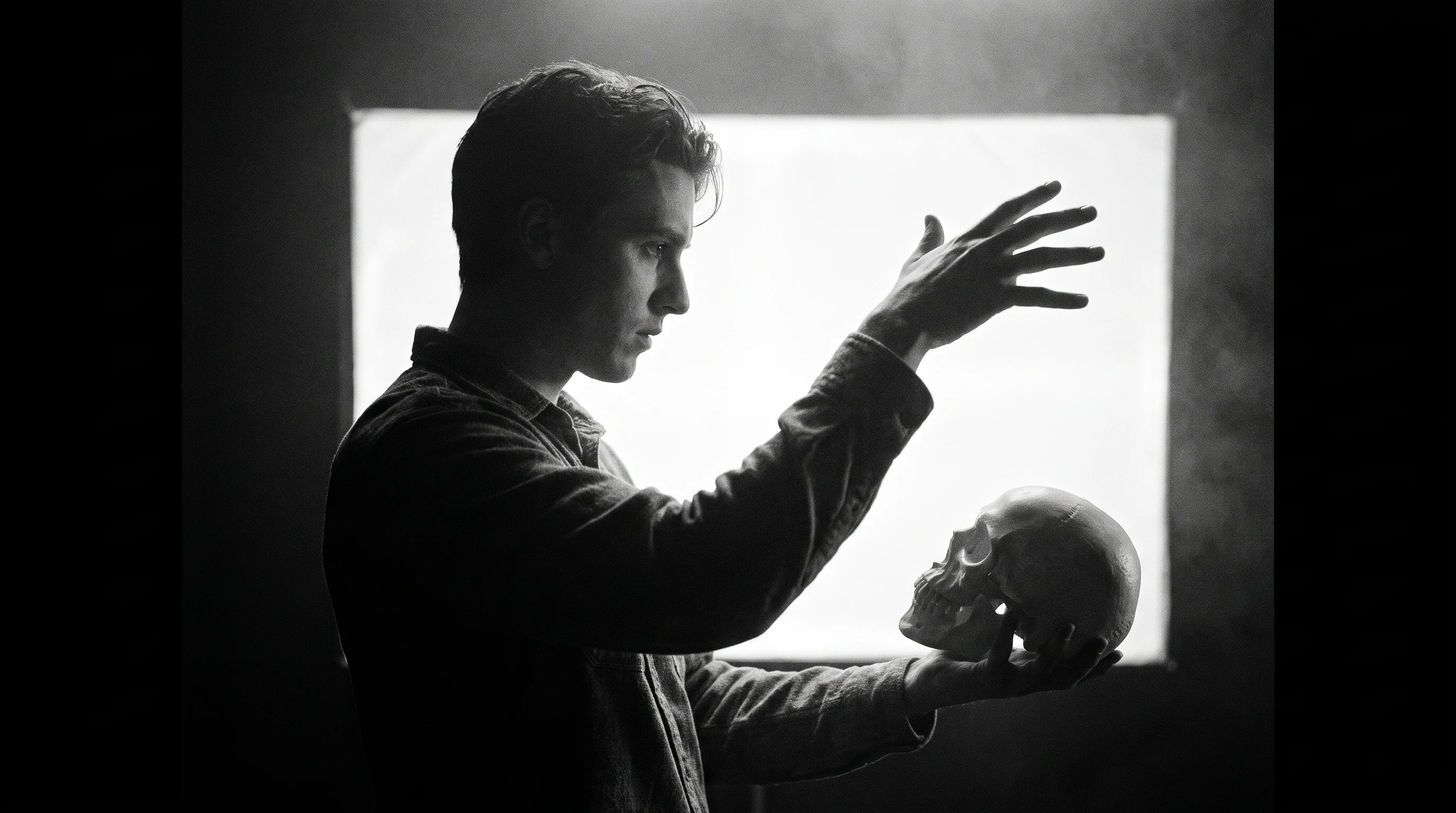A person mid-turn in a studio, arm raised and fingers spread as if evaluating something at eye level, profile framing against a clean light-panel