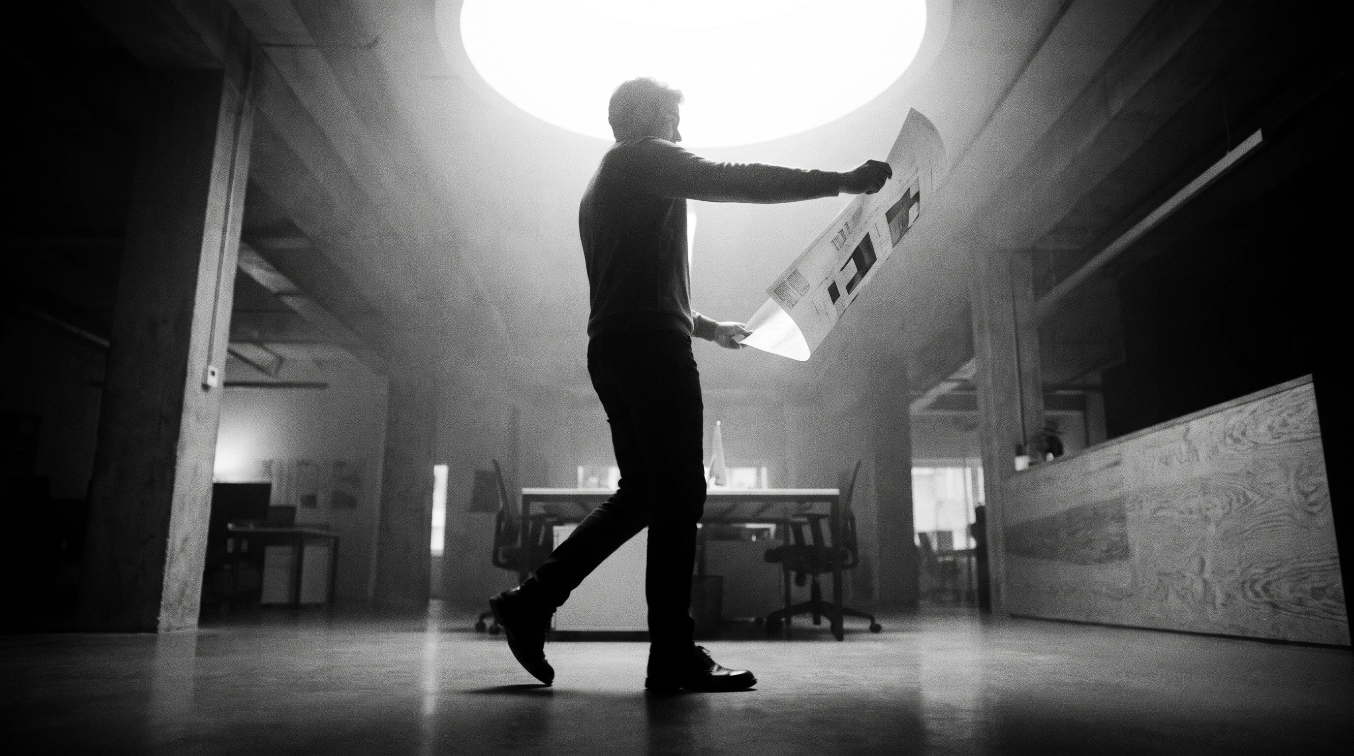 A person mid-step through a minimal open-plan creative office, holding a large printed sheet at arm's length, shot from low angle looking up toward a