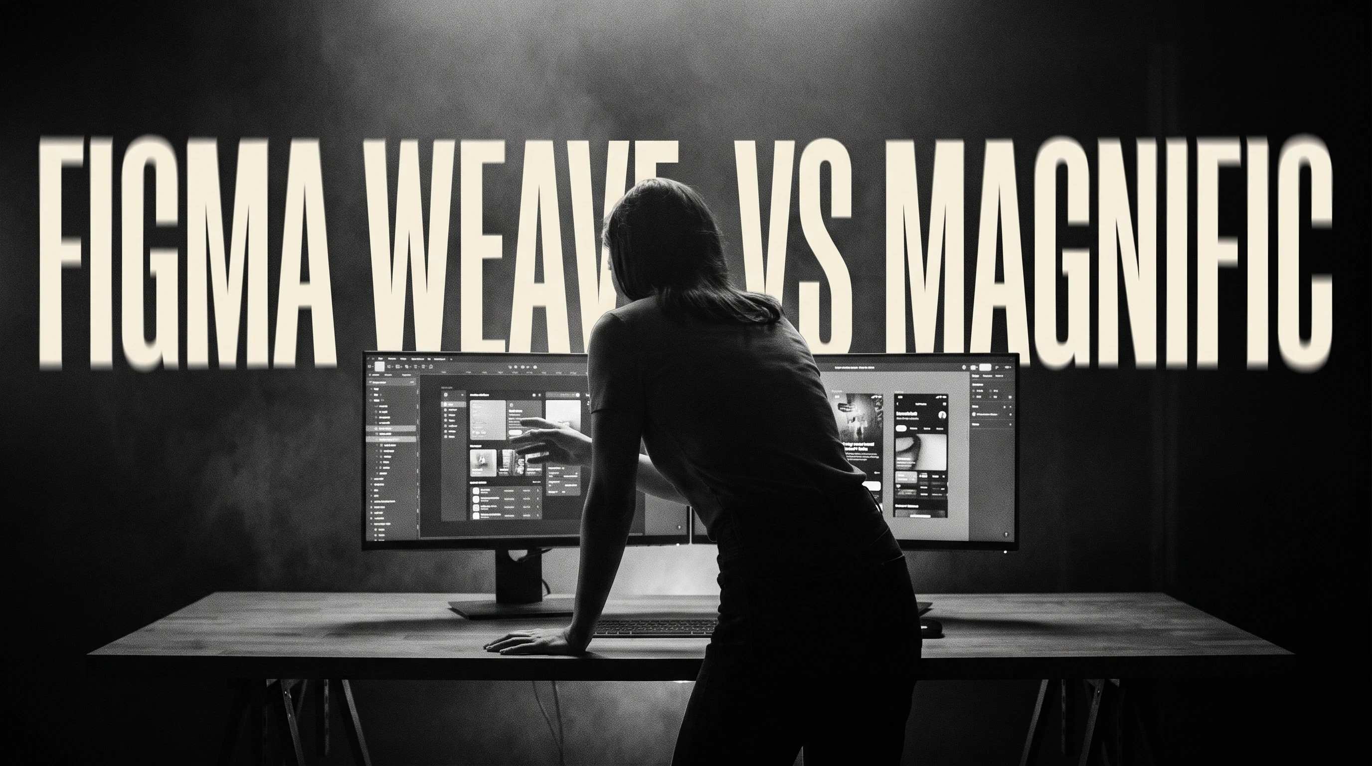A designer mid-lean over a wide desk, one hand gesturing toward two large monitors side by side, three-quarter framing from behind in a darkened