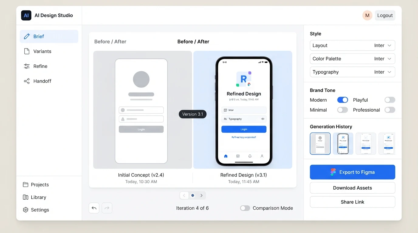 A clean AI design workflow dashboard showing a left sidebar with tabs labelled 'Brief', 'Variants', 'Refine', 'Handoff'; a central canvas area with a