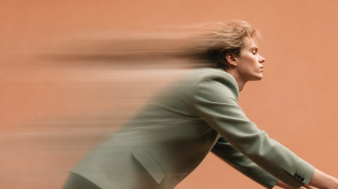 A person mid-reach in a peach-backdrop studio, leaning forward from the waist to arrange an unseen object just below frame, wearing a structured
