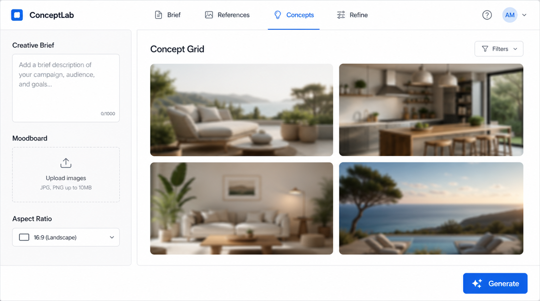 A concept-generation dashboard showing a 2x2 grid of blurred lifestyle image thumbnails labelled 'Concept Grid', a left sidebar with fields 'Creative