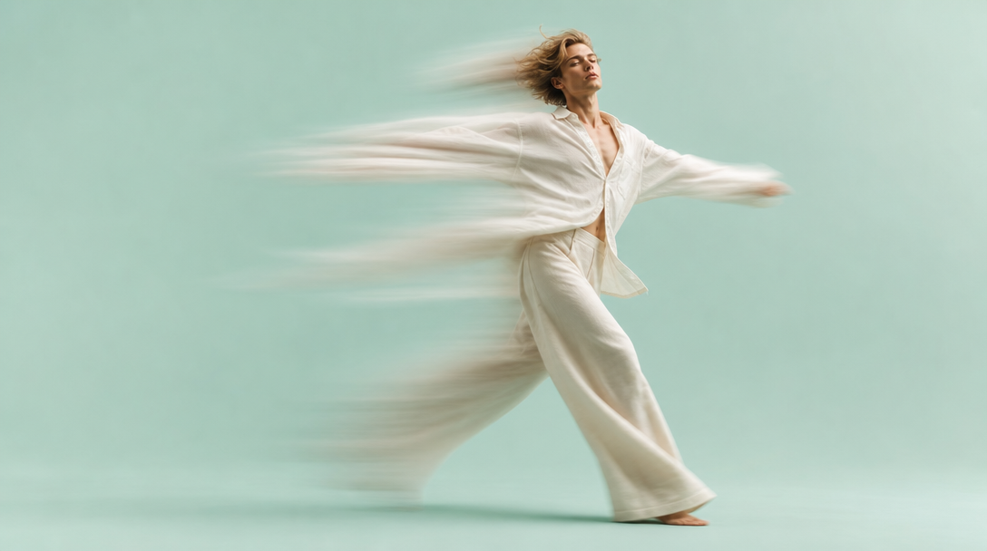 A person mid-spin in a mint-backdrop studio, arms extended outward, wearing a loose cream linen shirt and wide-leg trousers, facing three-quarter