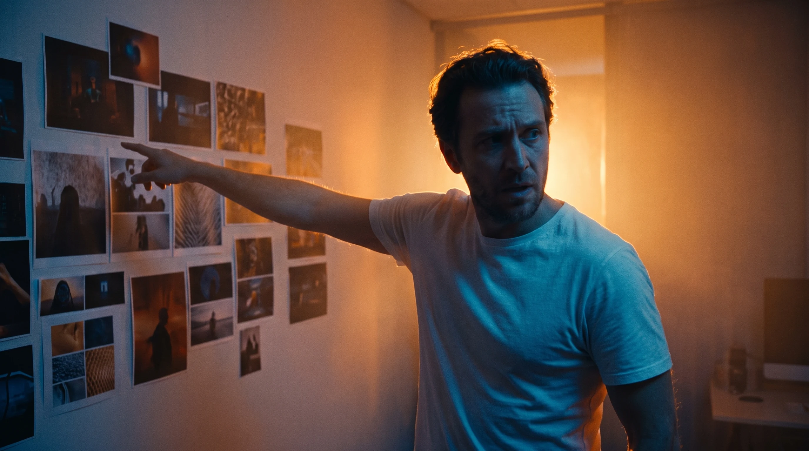 A creative director mid-turn toward a wall of unbranded mood-board prints in a film production office, one arm outstretched pointing at frames