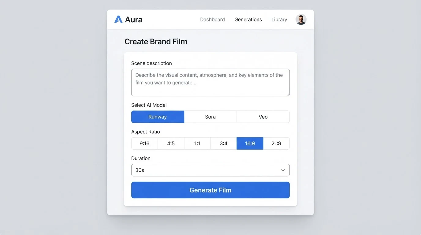 A simple AI brand film generator interface: a 'Scene description' text input field, a model toggle with three tabs labelled 'Runway', 'Sora', and