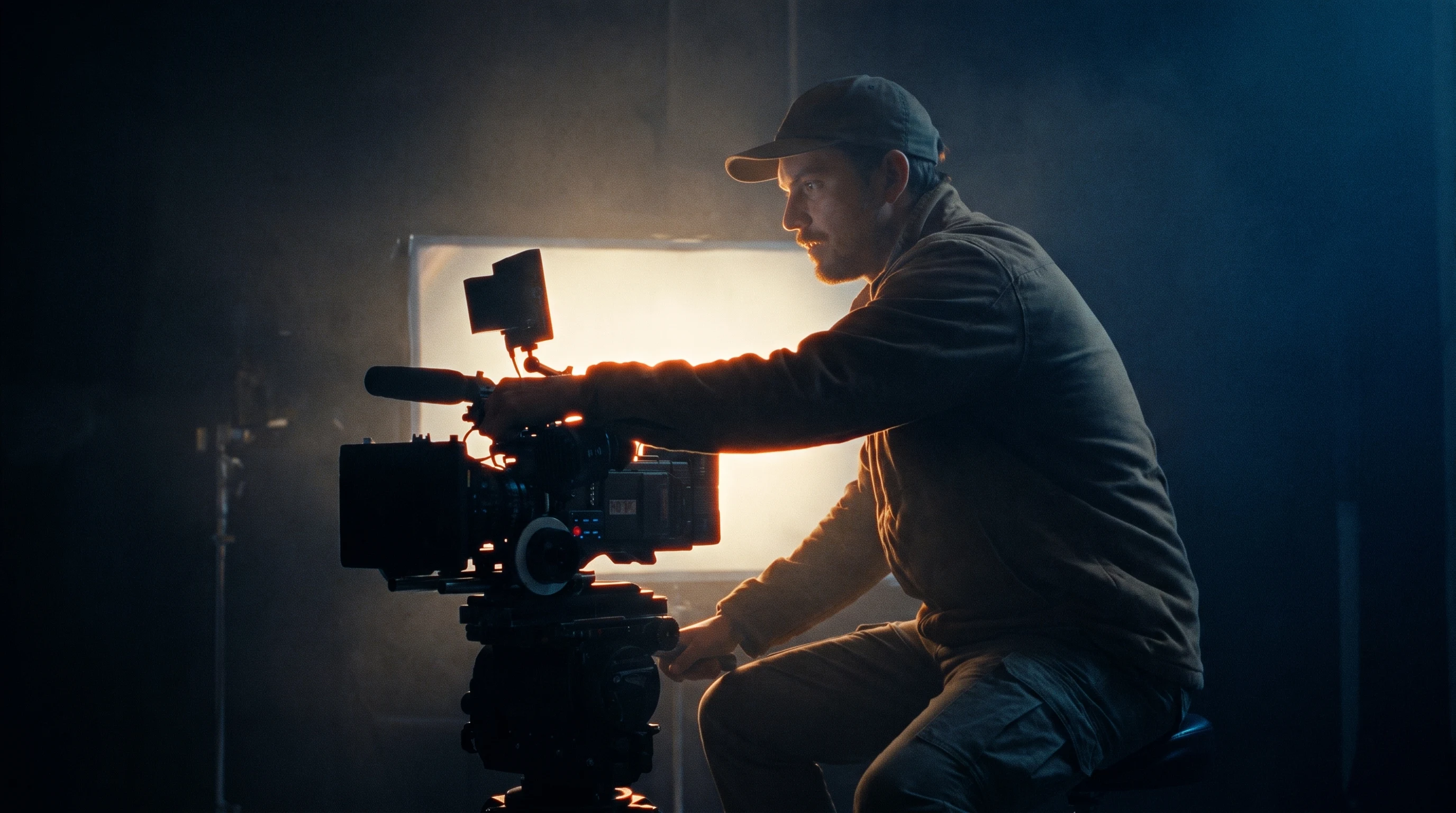 A director mid-reach adjusting a cinema camera rig in a darkened production studio, diffused screen glow illuminating their profile from behind
