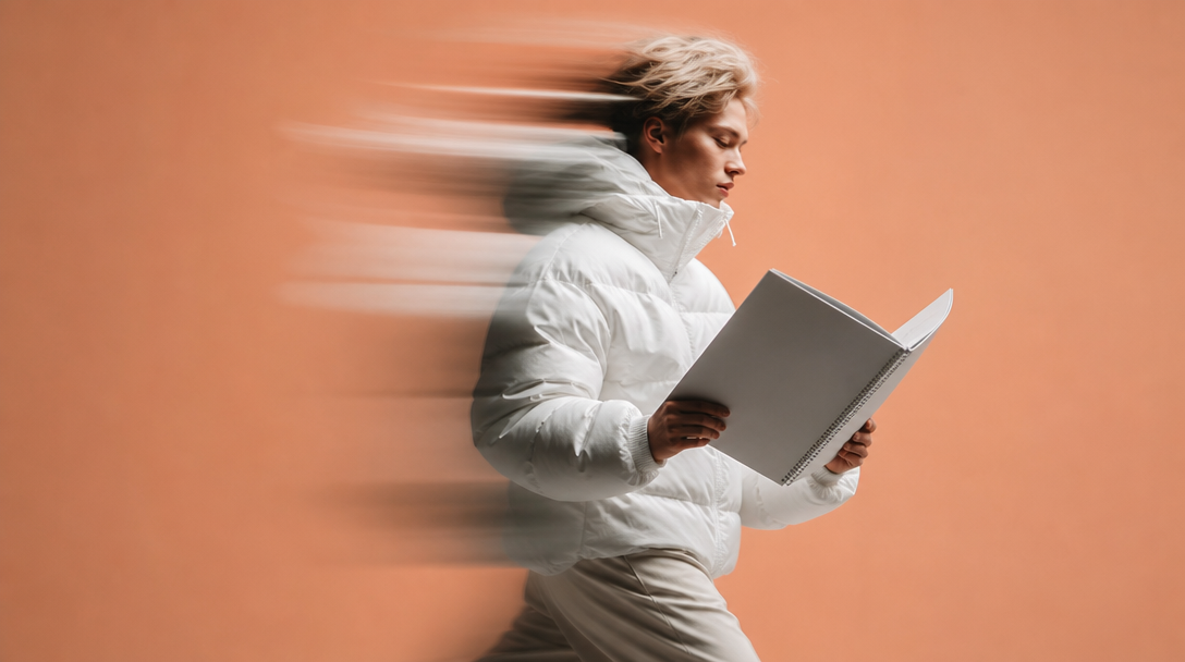 A person mid-step in a peach-backdrop studio, three-quarter framing, holding a large unbranded spiral-bound document at chest height while glancing