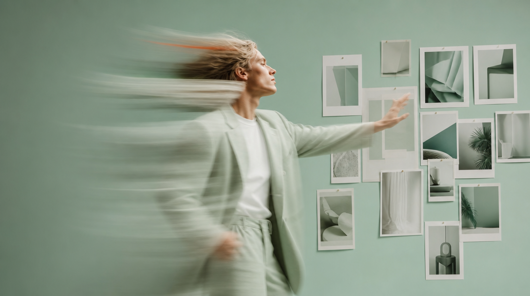 A person mid-turn in a mint-green studio, one arm extended gesturing toward a wall of unbranded mood-board prints pinned in a loose grid behind them