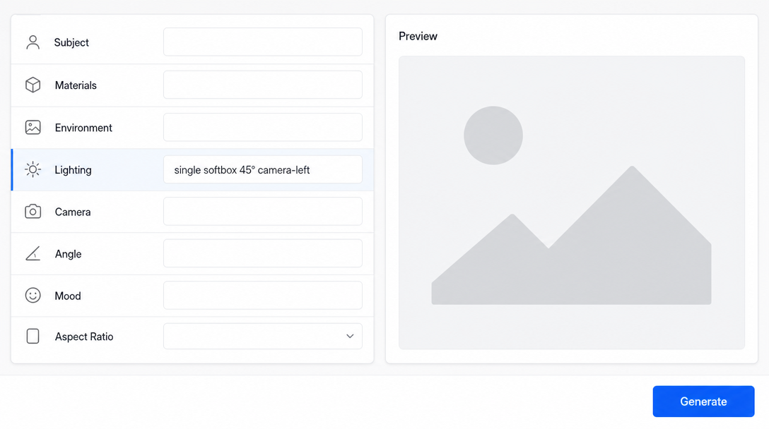 A minimal brief-builder interface with a left sidebar listing 8 labelled fields: Subject, Materials, Environment, Lighting, Camera, Angle, Mood,