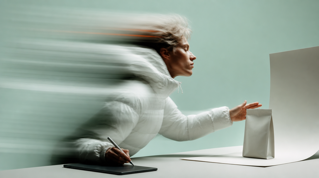 a person mid-lean over a wide desk in a mint-backdrop studio, one hand gesturing toward an unbranded product mockup on a paper sweep, the other