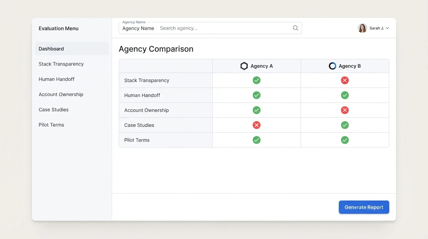 A simple agency evaluation dashboard with a left sidebar listing five rows labeled 'Stack Transparency', 'Human Handoff', 'Account Ownership', 'Case