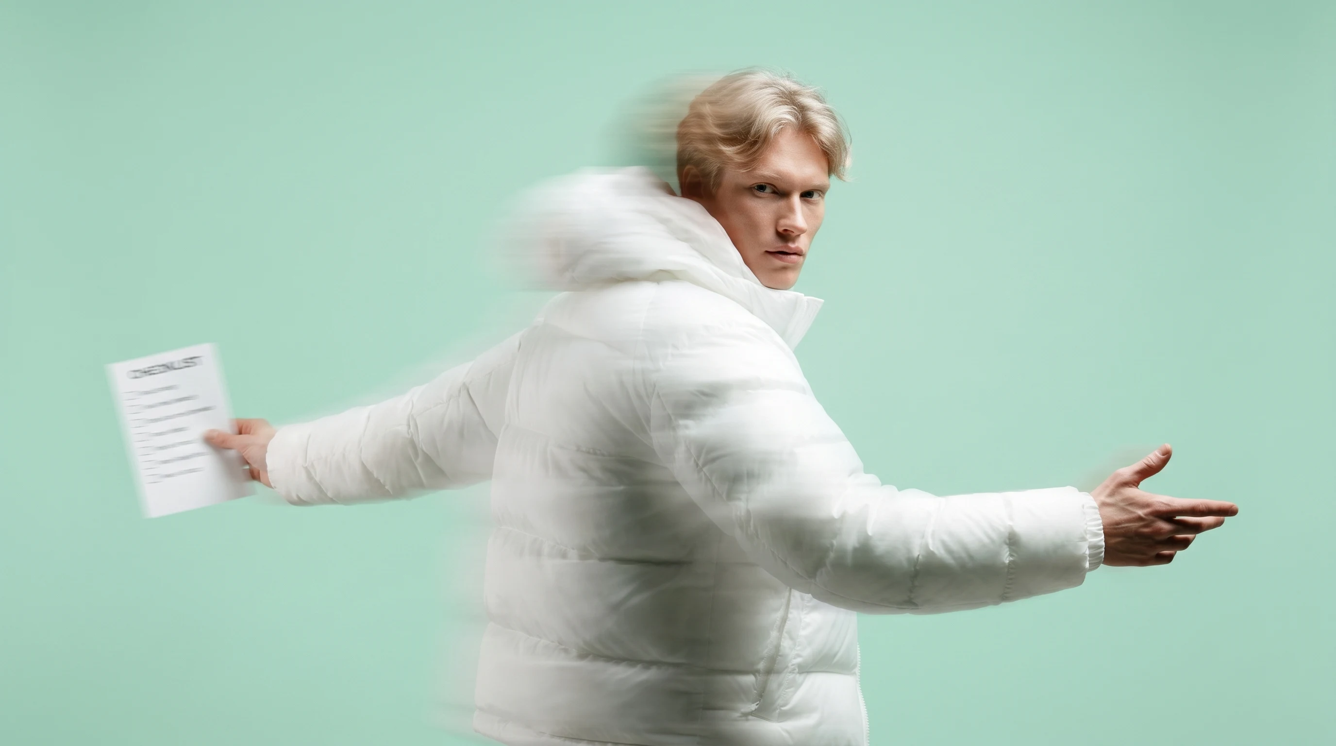 A person in a mint-backdrop studio mid-turn toward camera, one arm extended holding a small unbranded printed checklist, the other gesturing