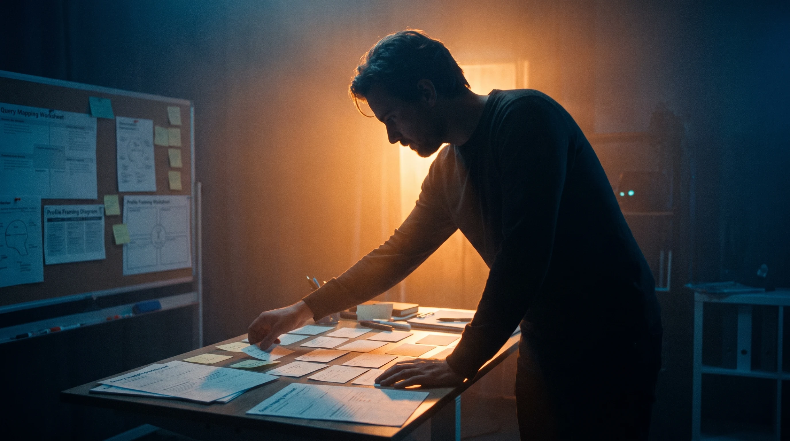 A person mid-lean over a standing desk scattered with unbranded query-mapping worksheets, profile framing, reaching forward to rearrange index cards
