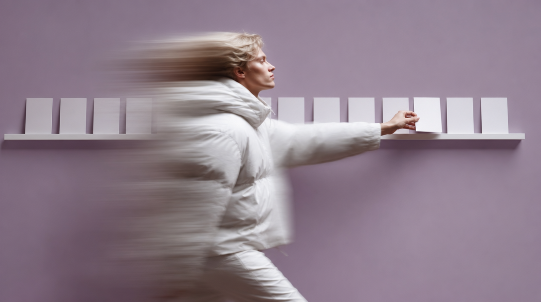 A person mid-step through a lilac studio, reaching forward to swap one unbranded card in a row of identical format placeholders mounted on a clean
