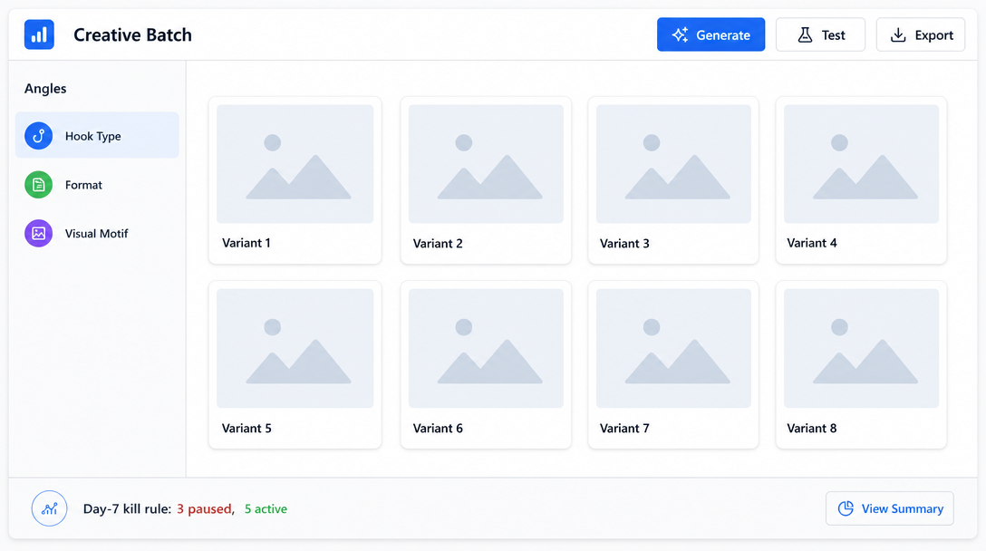A creative batch dashboard with a left sidebar listing angle labels (Hook Type, Format, Visual Motif), a central grid of eight placeholder image