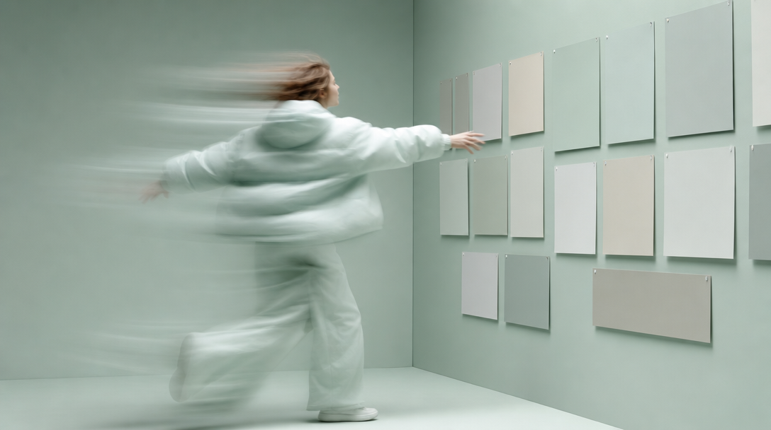 A person mid-spin in a mint studio, arms extended toward a wall of pinned unbranded ad-format cards arranged in a testing grid, viewed in a wide